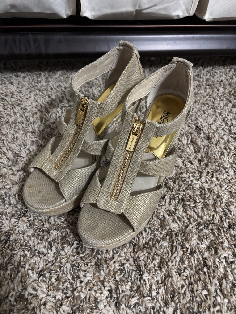 MICHAEL Michael Kors Tan Beige Wedge Sandals with Gold Zipper Accent
